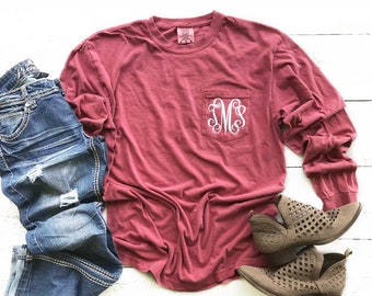 Comfort Colors Long Sleeve Monogrammed Pocket T-Shirt Tee Ladies Vintage Pigment Dyed s m l xl xxl xxxl Great for Bridesmaid Gift Ideas