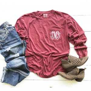 Comfort Colors Long Sleeve Monogrammed Pocket T-Shirt Tee Ladies Vintage Pigment Dyed Great for Bridesmaid Gift Ideas Crimson