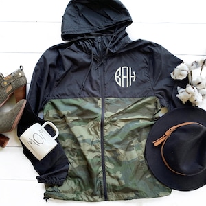 Monogrammed Lightweight Camo Full Zip Rain Jacket Personalized ~ Unisex Rain Gear ~ Camoflauge ~ Mom Life ~ Windbreaker Sylish Military Wife