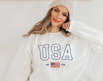 USA Flag College Block Crewneck Sweatshirt | Oversized | Loungewear | 4th of July Apparel | Mom Fashion | Patriotic