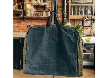 Embroidered Waxed Canvas Garment Bag - Hanging Satchel - Luggage -  Bride or Groom gift - Overnight Travel - Groomsman - Fathers Day - Dad