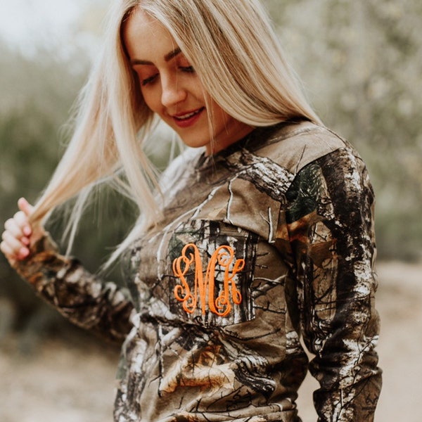 Ladies Monogram Long Sleeve RealTree Camo Camoflauge Real Tree Pocket T-Shirt Tee Top Great for Bridesmaid Gift Ideas