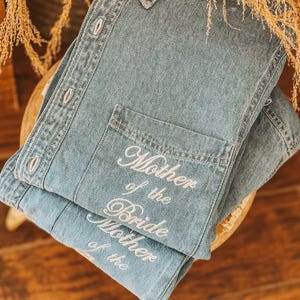 Embroidered MOB MOG Denim Oversized Button Up Shirt | Wedding Day Apparel | Mother of the Bride Groom Gift Idea
