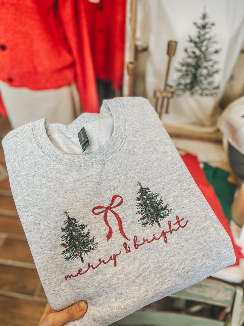 Embroidered Tree Merry and Bright Bow Sweatshirt | Crew Neck Holiday ...