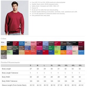 May include: A red crewneck sweatshirt with a size chart showing measurements in inches for different sizes. The chart includes body length, body length tolerance, body width, body width tolerance, and sleeve length.