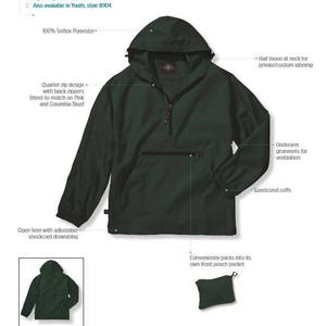 May include: A dark green hooded jacket with a quarter zip closure, elastic cuffs, and a front pouch pocket. The jacket is made of 100% Softex polyester and is wind and water-resistant. It is available in sizes XS-5XL.