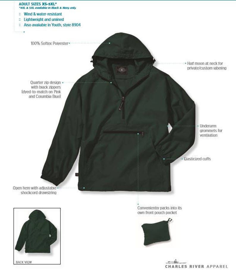May include: A dark green hooded jacket with a quarter zip closure, elastic cuffs, and a front pouch pocket. The jacket is made of 100% Softex polyester and is wind and water-resistant. It is available in sizes XS-5XL.