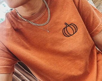 Embroidered PUMPKIN Comfort Colors Fall Tee | Cozy Autumn Apparel | Women's Oversized Tshirt