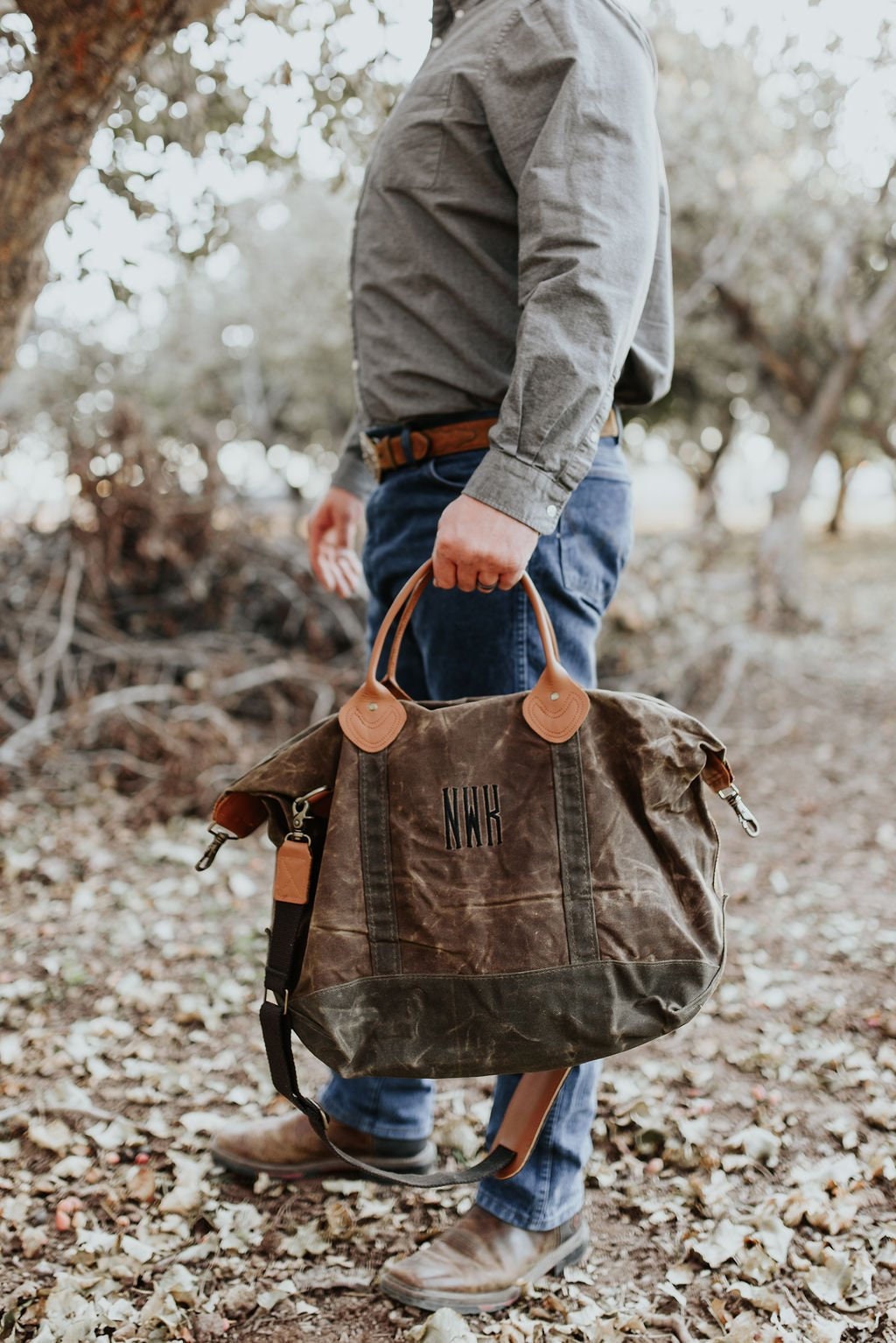 Mens Waxed Canvas Monogrammed Weekender Satchel Duffle Luggage