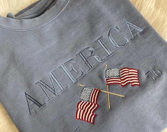 America Double Flag College Block Crewneck Sweatshirt | Oversized | Loungewear | 4th of July Apparel | Patriotic | Comfort Colors