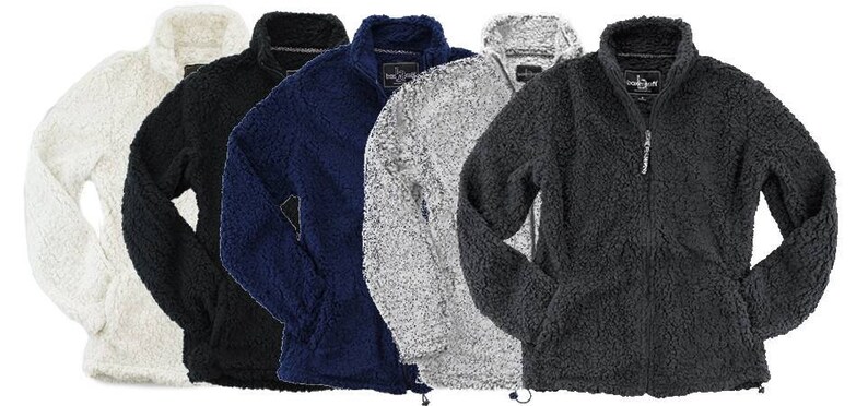 Ladies Full Zip Monogrammed Sherpa Personalized Fleece Jacket Gray and Natural Coat College Apparel Blogger Fashion Navy Black