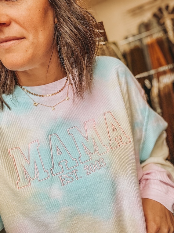 Tie Dye MAMA College Block Outline EST. Cord Sweatshirt - Etsy