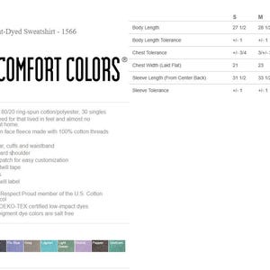 May include: A Comfort Colors garment-dyed sweatshirt in a vibrant pink hue. The image includes a model wearing the sweatshirt, along with a size chart and product details. The brand name, Comfort Colors, is prominently displayed.