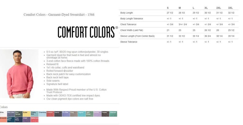 May include: A Comfort Colors garment-dyed sweatshirt in a vibrant pink hue. The image includes a model wearing the sweatshirt, along with a size chart and product details. The brand name, Comfort Colors, is prominently displayed.