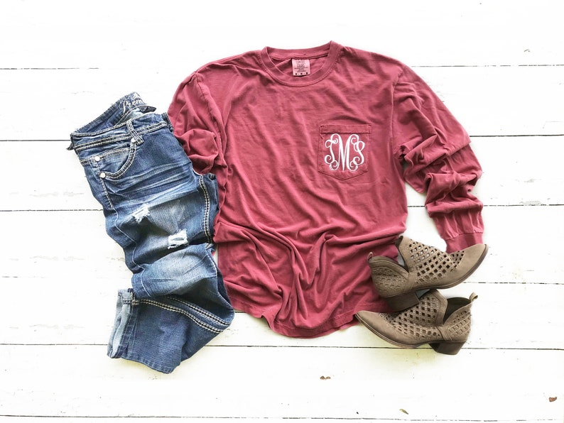 Comfort Colors Long Sleeve Monogrammed Pocket T-Shirt Tee Ladies Vintage Pigment Dyed Great for Bridesmaid Gift Ideas Crimson