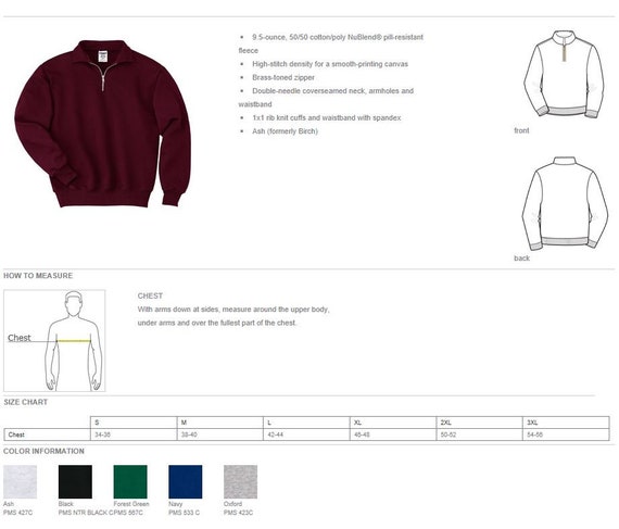 Custom Ink Quarter Zip Size Chart