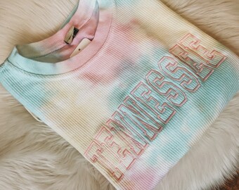 Tie Dye State College Block Outline EST. Cord Sweatshirt | Corded Crew Neck Sweatshirt  | Loungewear Apparel | Blogger Mom Fashion |