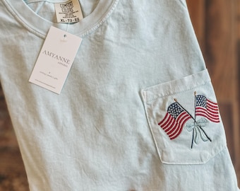 Embroidered Double Flag with Bow Comfort Colors Patriotic Embroidery USA Tee | Short Sleeve Pocket Tee