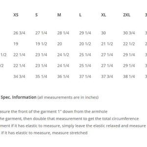 May include: Size chart for a pullover with measurements in inches for body length, shoulder to shoulder, body width, bottom width, and sleeve length from centre back. Sizes range from XS to 5XL.