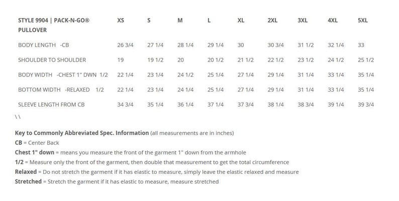 May include: Size chart for a pullover with measurements in inches for body length, shoulder to shoulder, body width, bottom width, and sleeve length from centre back. Sizes range from XS to 5XL.