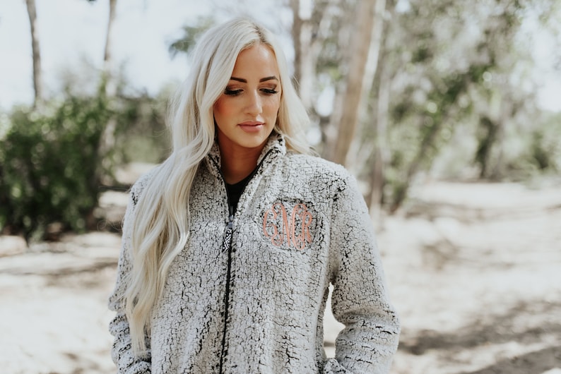 Ladies Full Zip Monogrammed Sherpa Personalized Fleece Jacket Gray and Natural Coat College Apparel Blogger Fashion Navy Black