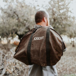 Embroidered Firewood Log Carrier Waxed Canvas Personalized Bag Fathers Day - Groom - Groomsmen - Wedding Shower - Vacation Home Rental