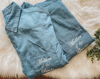 Besticktes MOB MOG Denim Übergroßes Button Up Shirt | Hochzeitstag Kleid | Mutter der Braut-Bräutigam-Geschenkidee