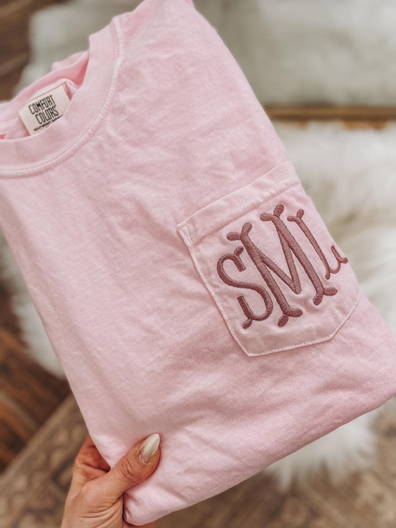 Monogrammed Comfort Colors Embroidery Tee | Short Sleeve Pocket T-Shirt | Unisex Vintage Pigment Dyed | initial tee