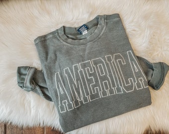 America College Block Cord Sweatshirt | Crew Neck Sweatshirt  | Loungewear | Cord Sweatshirt | Blogger Mom Fashion | Loungewear