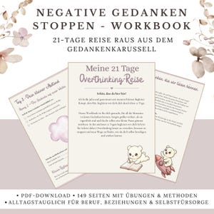 Könnte beinhalten: Ein Arbeitsbuch mit dem Titel "Negative Gedanken stoppen - Workbook" in deutscher Sprache. Das Cover zeigt Text und Illustrationen eines Bären, der liest, und eines Bären auf einer Rakete. Das Arbeitsbuch soll beim Überdenken helfen.
