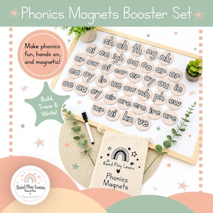 May include: A Phonics Magnets Booster Set featuring circular wooden magnets with letter combinations on a white magnetic board. Includes a black dry-erase marker and a beige drawstring storage bag labelled Read Play Learn Phonics Magnets.