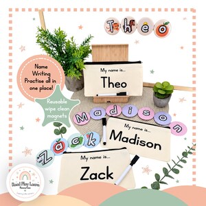 May include: Three beige canvas pencil cases with black zippers, each printed with the text My name is... and a name. Includes sets of circular magnets with letters and illustrations, and black dry-erase markers for writing practice.