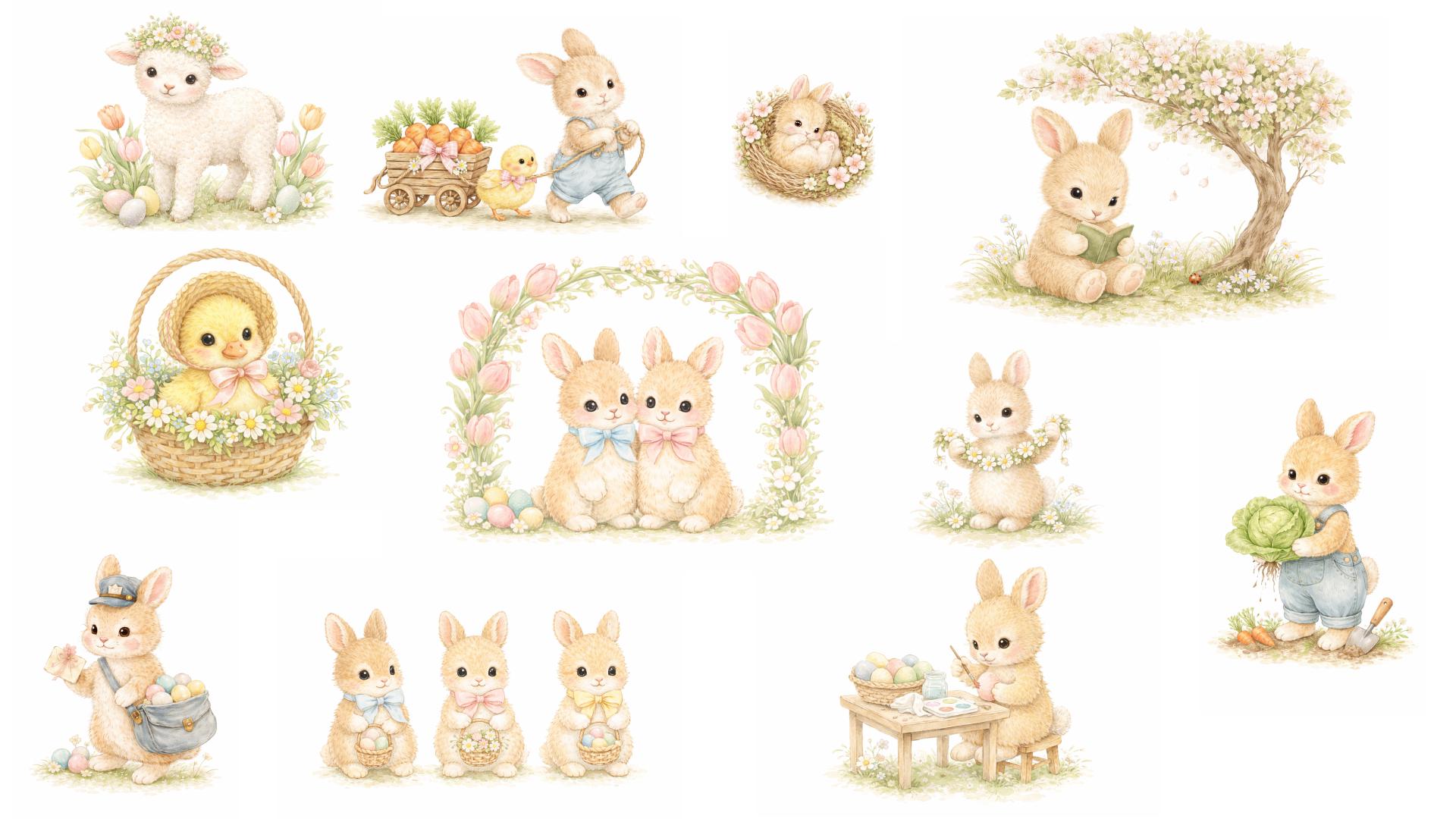 Watercolor Easter Bunny Clipart Bundle – 64 PNG Spring Animals ...