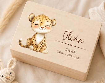 Personalisierte Baby Erinnerungskiste aus Holz, Memory Box mit Name, Baby Andenken Kiste mit Leopard, Geschenk zur Geburt, Geschenk Taufe