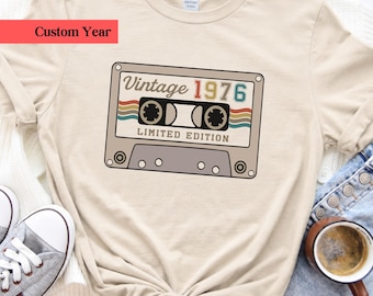 Vintage 1976 Retro Shirt, Custom Year 60th Birthday Shirt, Retro Cassette Tee, Personalized 50th Birthday T-Shirt, 1966, 1967, 1977, 1987