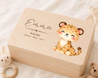 Personalisierte Baby Erinnerungskiste aus Holz, Memory Box mit Name, Baby Andenken Kiste mit Tiermotiv, Geschenk zur Geburt, Geschenk Taufe