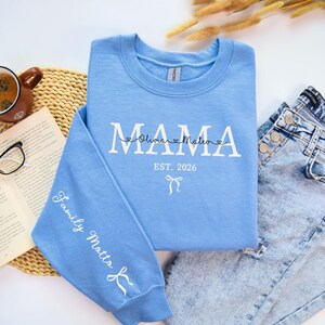 Personalized Mama Nana Mom sweatshirt, custom caption, Est. 2026 year and kids names, Custom Family Motto or Text on the sleeve, Mothers Day