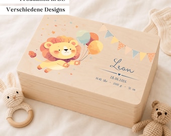 Personalisierte Baby Erinnerungskiste aus Holz, Memory Box mit Name, Baby Andenken Kiste mit Löwen Design, Geschenk zur Geburt oder Taufe