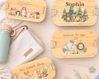 Personalisierte Brotdose zur Einschulung, Edelstahl lunch box with custom name, Schulkind Brotbox mit Tierdesign, kids Birthday lunch box