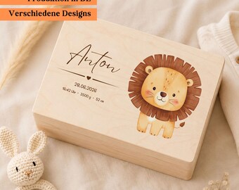 Personalisierte Baby Erinnerungskiste aus Holz, Memory Box mit Name, Baby Andenken Kiste mit Tiermotiv, Geschenk zur Geburt, Geschenk Taufe
