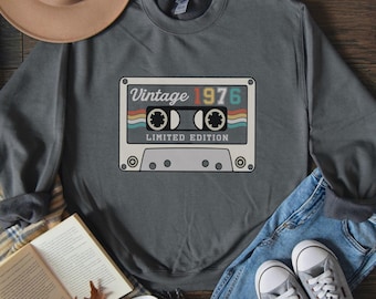 Vintage 1976 Retro Sweatshirt, Custom Year 60th Birthday, Retro Cassette Sweater, Personalized 50th Birthday Crewneck 1966, 1967, 1977, 1987