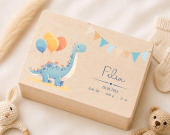 Personalisierte Baby Erinnerungskiste aus Holz, Memory Box mit Name, Baby Andenken Kiste, Dino Design Kiste, Geschenk zur Geburt oder Taufe