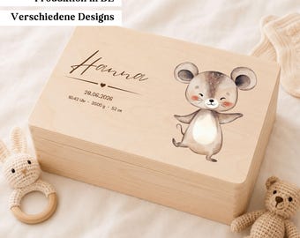 Personalisierte Baby Erinnerungskiste aus Holz, Memory Box mit Name, Baby Andenken Kiste mit Tiermotiv, Geschenk zur Geburt, Geschenk Taufe