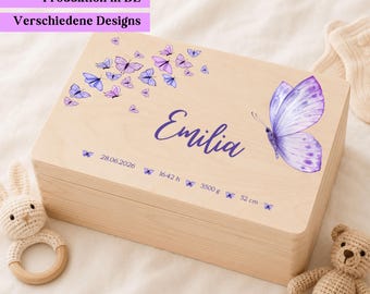 Personalisierte Baby Erinnerungskiste aus Holz, Memory Box mit Name, Schmetterling Baby Andenken Kiste, Geschenk zur Geburt, Geschenk Taufe