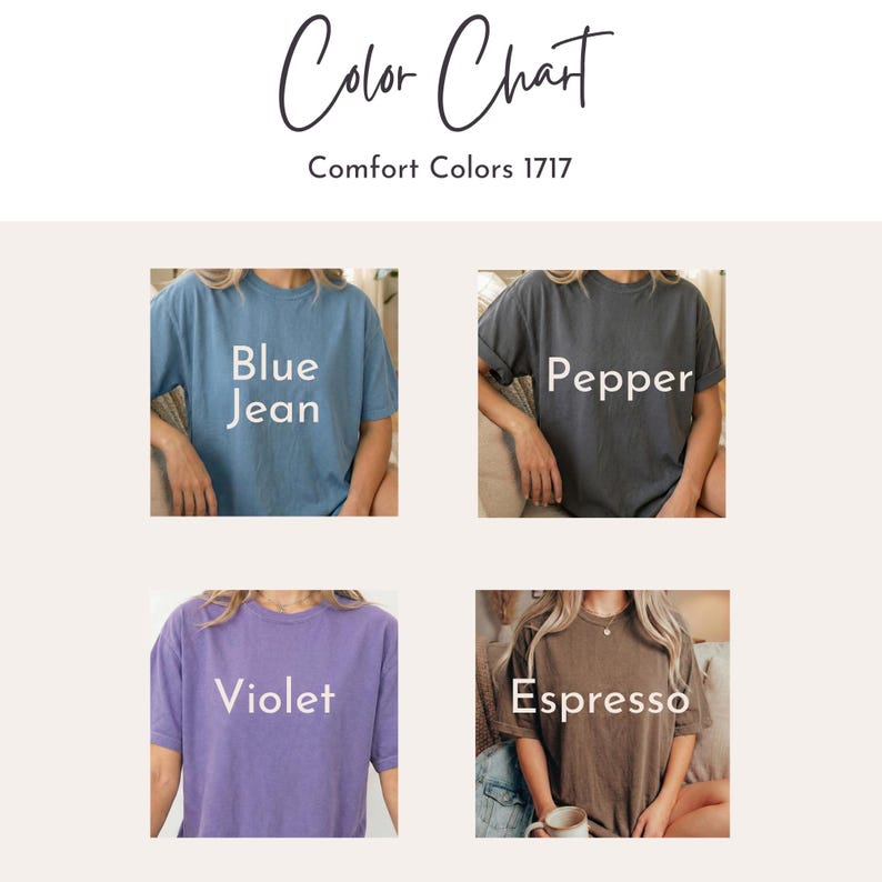 K&ouml;nnte beinhalten: Farbkarte mit vier Comfort Colors 1717 T-Shirts in Blue Jean, Pepper, Violet und Espresso. Jedes Shirt wird mit seinem Farbnamen in fetter, wei&szlig;er Schrift dargestellt. Das Bild zeigt eine Vielzahl von Shirtfarben.
