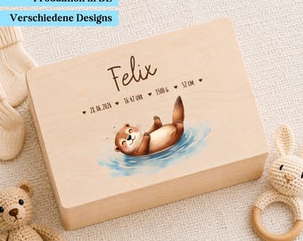 Personalisierte Baby Erinnerungskiste aus Holz, Memory Box mit Name, Baby Andenken Kiste mit Otter, Geschenk zur Geburt, Geschenk Taufe