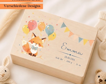 Personalisierte Baby Erinnerungskiste aus Holz, Memory Box mit Name, Baby Andenken Kiste mit Fuchs Design, Geschenk zur Geburt oder Taufe