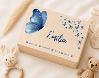 Personalisierte Baby Erinnerungskiste aus Holz, Memory Box mit Name, Schmetterling Baby Andenken Kiste, Geschenk zur Geburt, Geschenk Taufe