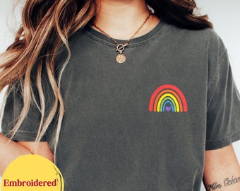 Embroidered Rainbow Pride Comfort Colors Shirt, LGBTQ Tee, celebrating Equality Diversity Love, Queer Pride Gift, Love is Love Statement tee