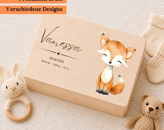 Personalisierte Baby Erinnerungskiste aus Holz, Memory Box mit Name, Baby Andenken Kiste mit Tiermotiv, Geschenk zur Geburt, Geschenk Taufe
